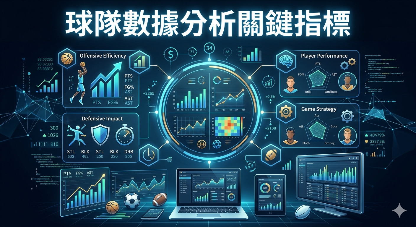 這張圖片以深色科技風格呈現球隊數據分析關鍵指標，中央為數據監控中心。 周圍環繞著球員表現、進攻效率、防守影響及比賽策略的專業圖表與分析介面。