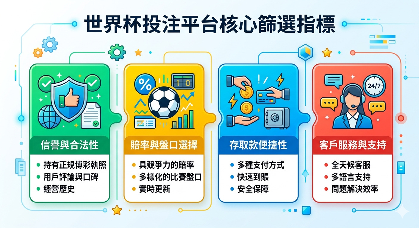 這張圖表展示了「世界盃投注平台核心篩選指標」，並透過四個顏色鮮明的區塊清晰列出評估標準。 內容涵蓋信譽與合法性、賠率與盤口選擇、存取款便捷性以及客戶服務與支持等關鍵維度。