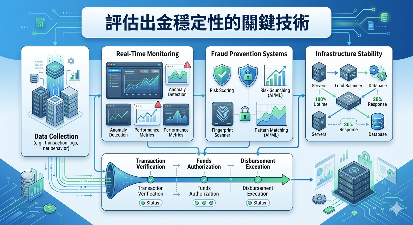 這張圖表展示了評估出金穩定性的關鍵技術，涵蓋數據收集、即時監控、風險防範系統與基礎設施穩定性。 底部流程圖詳細描繪了從交易驗證、資金授權到最終執行出金的自動化處理過程。